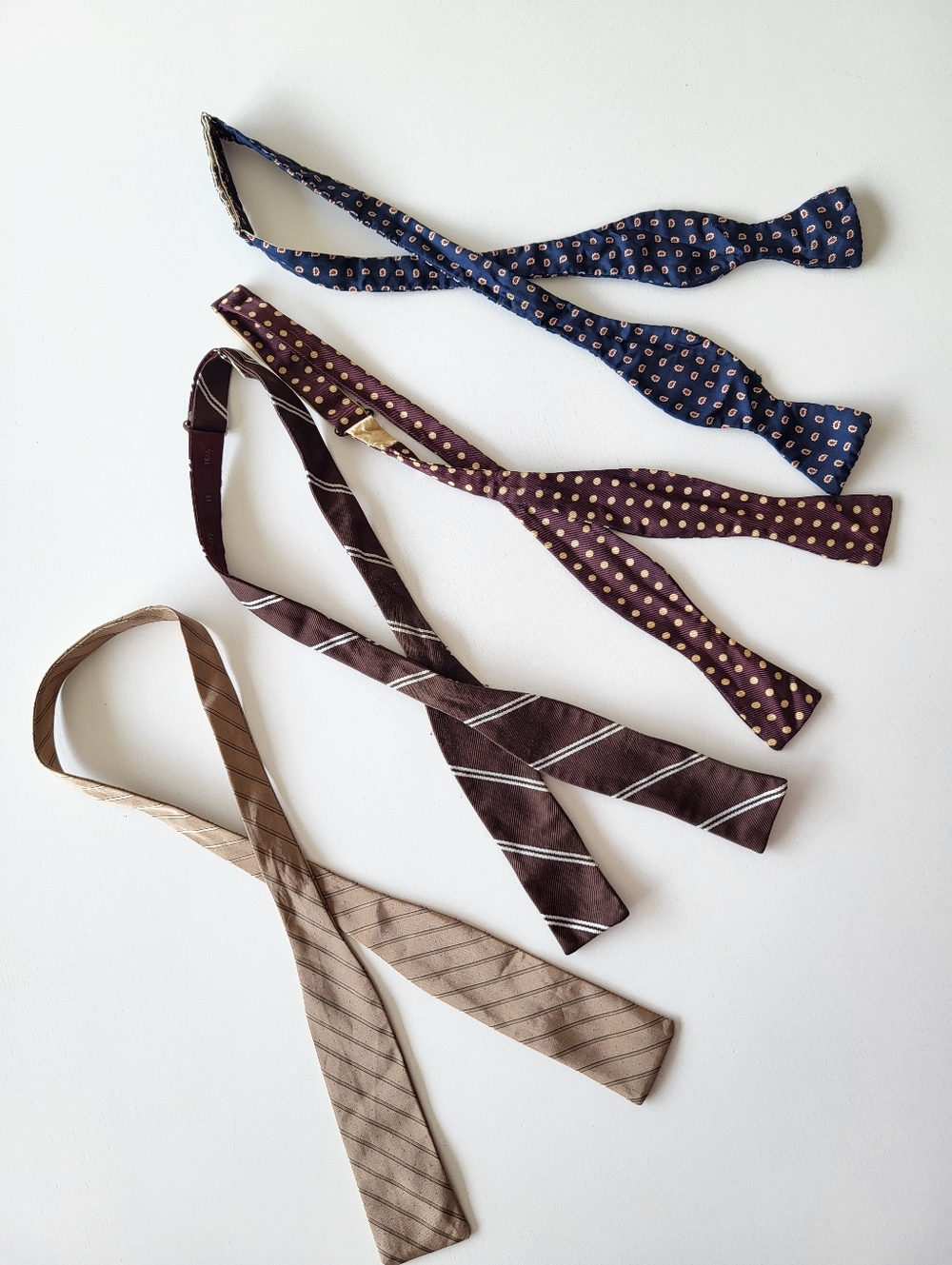 Vintage Bow Tie Lot 4 Neckties Brown Blue Polka Dot Stripe Retro
